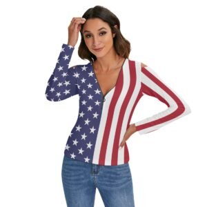 USA Flag-Women’s Cold Shoulder Half Zip V-Neck Blouse