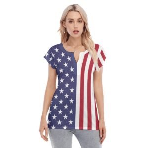 USA Flag-Women’s Collarless Deep V-neck Short Sleeves Blouse