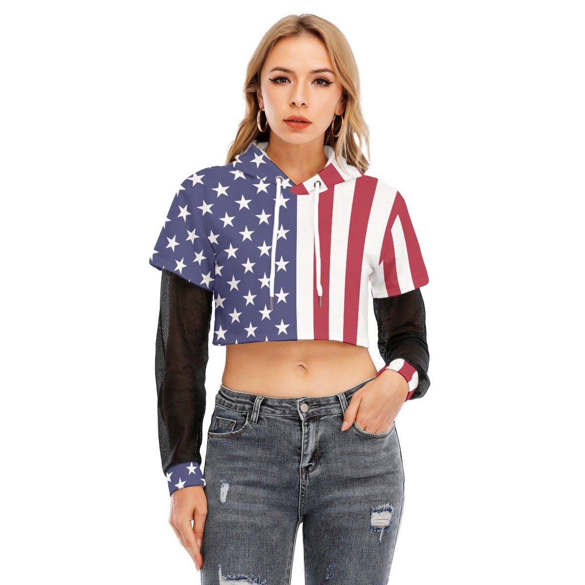 USA Flag-Women’s Fake Two-piece Mesh Sleeve Cropped Hoodie