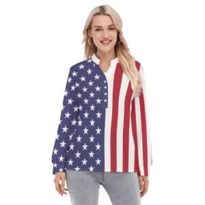 USA Flag-Women’s Long Sleeve Blouse With Button Closure