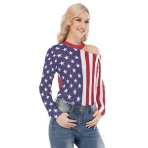 USA Flag-Women’s Off-shoulder Knitted Long-Sleeves T-shirt