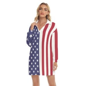 USA Flag-Women’s Shallow V-Neck Drop-Shoulder Long Sleeves Blouse