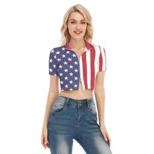 USA Flag-Women’s Short Sleeve T-shirt With Two-way Zipper