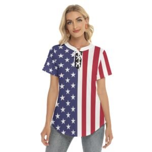 USA Flag-Women’s V-Neck Drawstring T-shirt