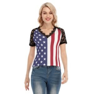 USA Flag-Women’s V-neck T-shirt With Lace