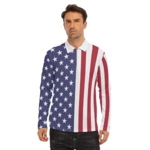USA Flag-Men’s Lapel T-shirt With Neckline Zipper Closure